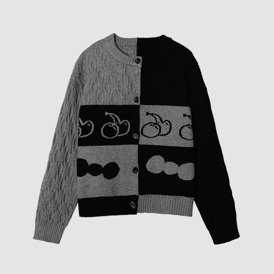 Style Core Aesthetics, New Style Trends Color Block Cherry Pattern Cardigan Sweater
