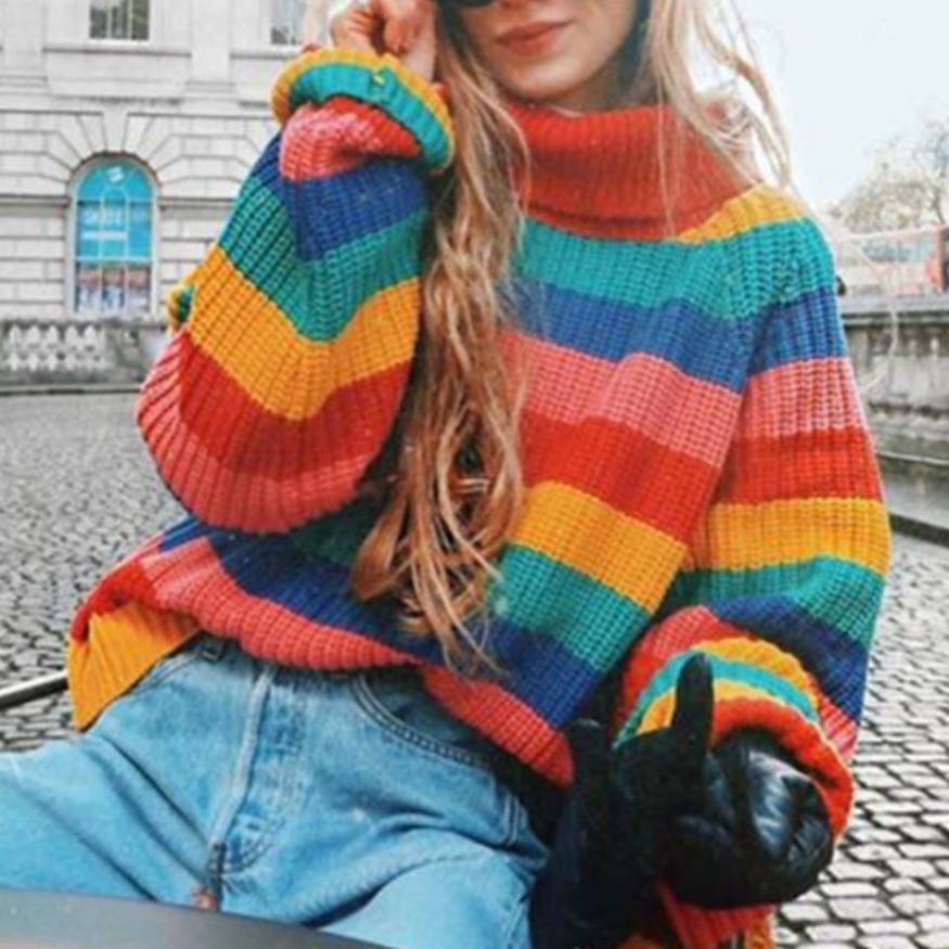Style Core Aesthetics, New Style Trends Colorful Striped Turtleneck Sweater