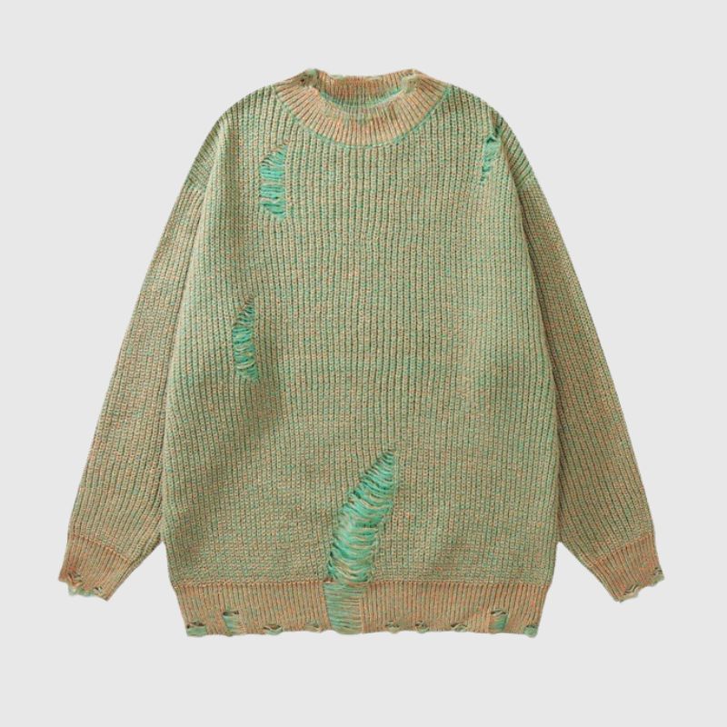 Style Core Aesthetics, New Style Trends Distressed Design Round Neck Sweater