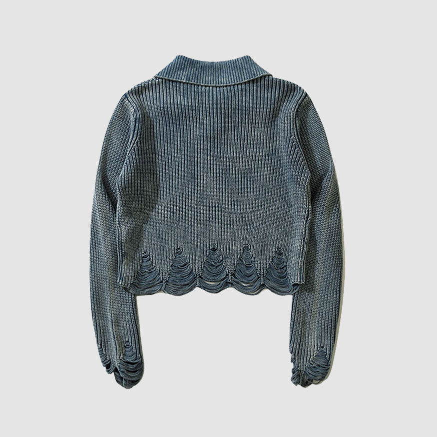 Style Core Aesthetics, New Style Trends Distressed & Ripped Turndown Collar Cropped Sweater