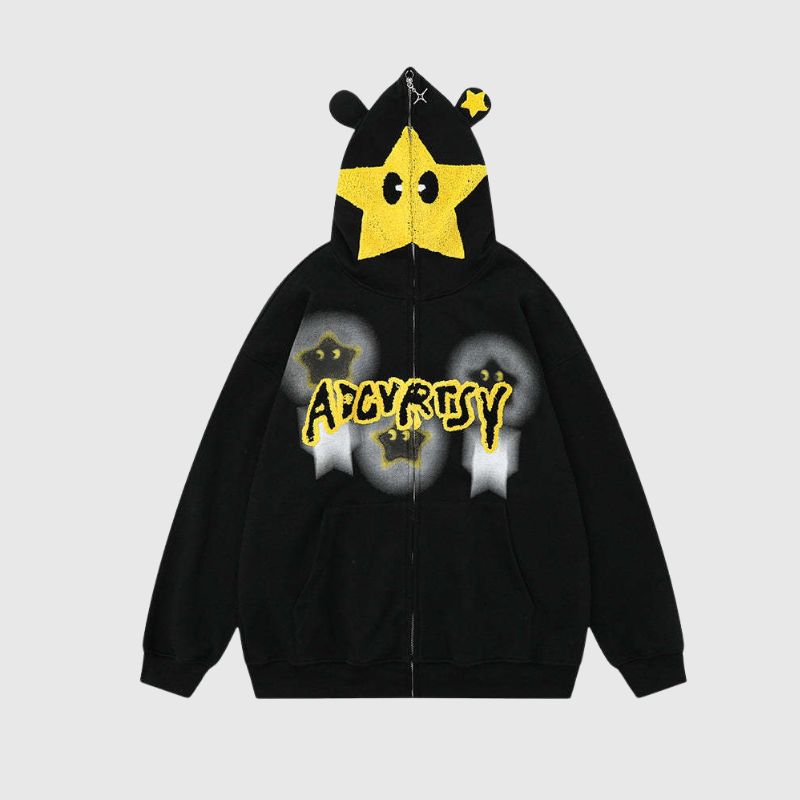 Style Core Aesthetics, New Style Trends Embroidered Print Hooded Zip-Up Sweatshirt