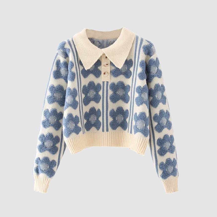 Style Core Aesthetics, New Style Trends Floral Pattern Polo-Collar Sweater