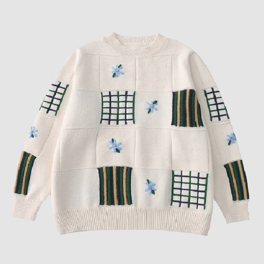 Style Core Aesthetics, New Style Trends Flower Embroidered Check Jacquard Sweater