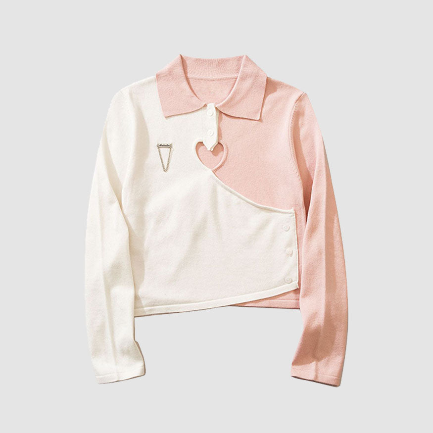 Style Core Aesthetics, New Style Trends Heart Hollow Out Lapel Knit Crop Top