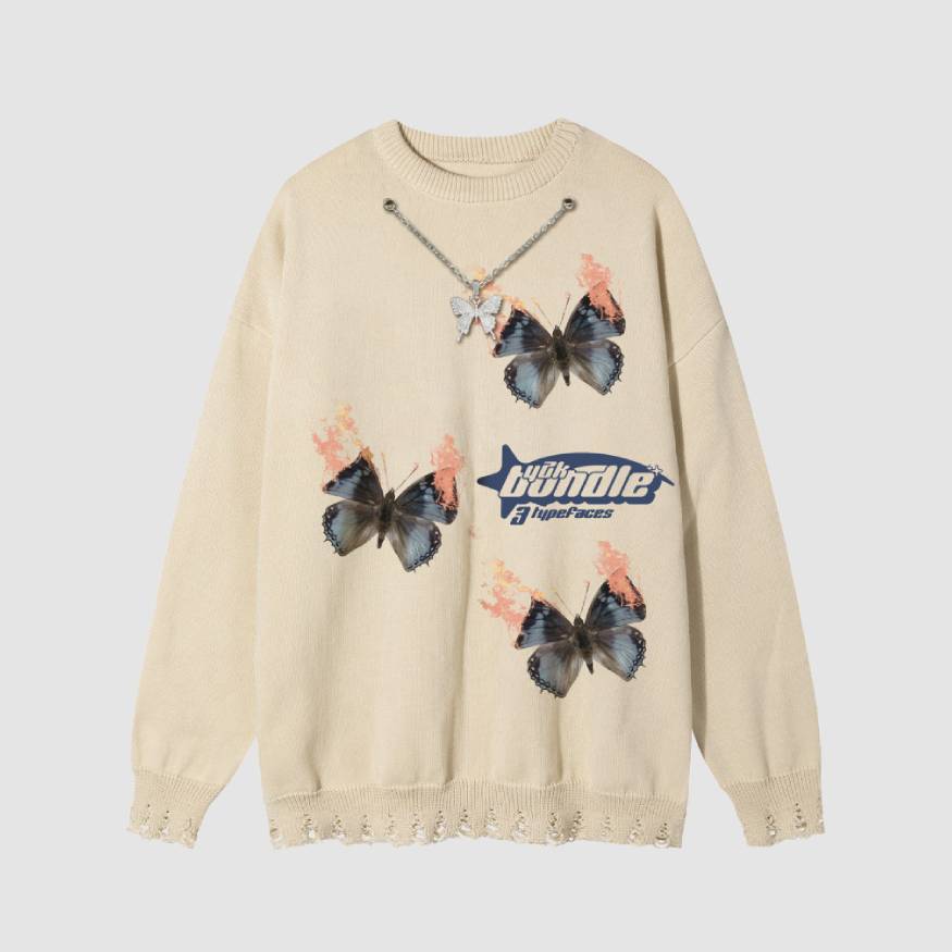 Style Core Aesthetics, New Style Trends Necklace Decor Butterfly Print Sweater