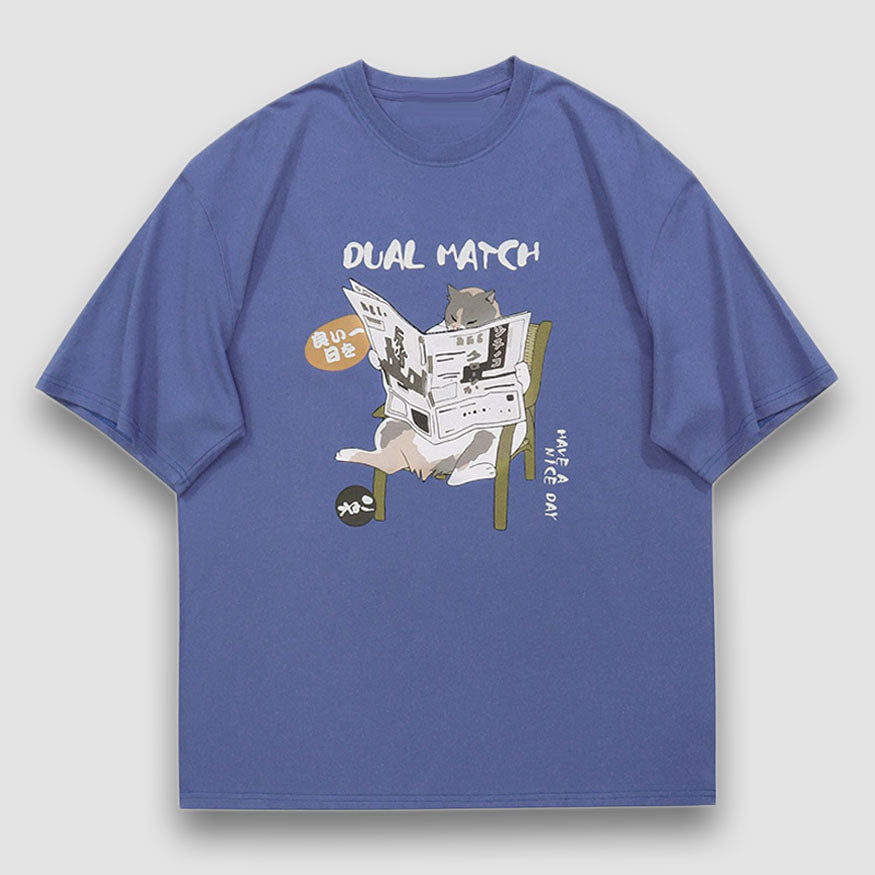 Style Core Aesthetics, New Style Trends Reading Cat Cartoon Print Tee