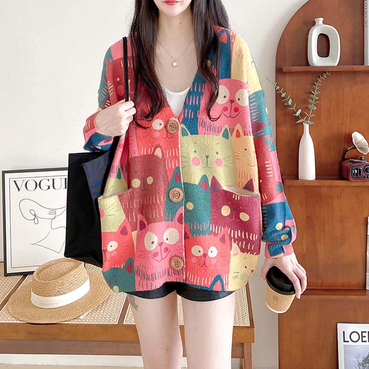 Style Core Aesthetics, New Style Trends Retro Cartoon Cat Cardigan
