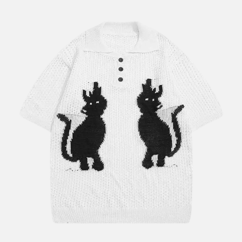Style Core Aesthetics, New Style Trends Retro Cat Knit Polo
