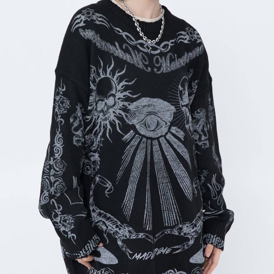 Style Core Aesthetics, New Style Trends Skull Pattern Distressed Sweater