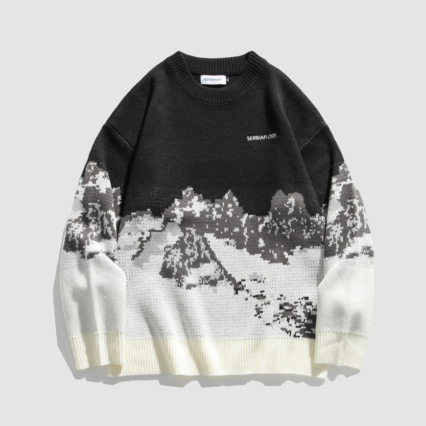 Style Core Aesthetics, New Style Trends Snow Mountain Print Sweater