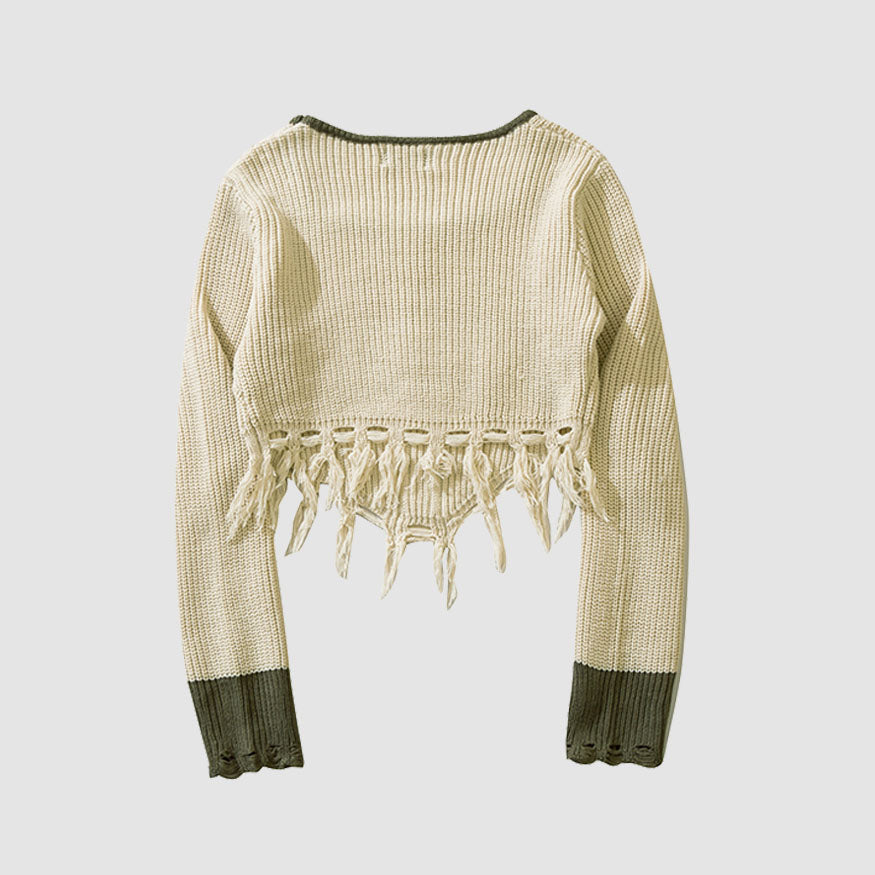 Style Core Aesthetics, New Style Trends Square Neck Letter Embroidery Irregular Hem Tassel Cropped Sweater
