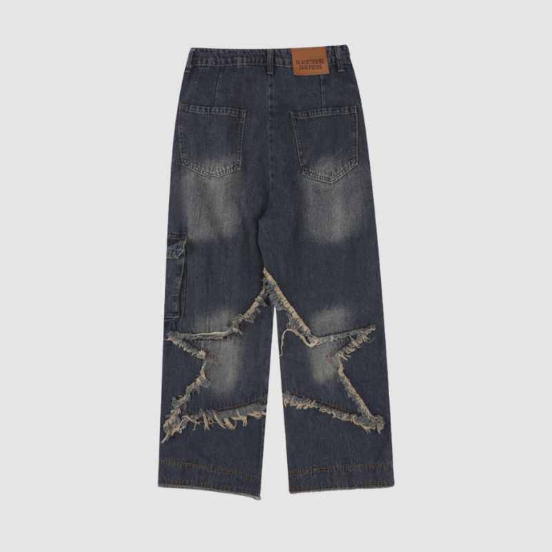 Style Core Aesthetics, New Style Trends Star Pattern Frayed Patchwork Jeans