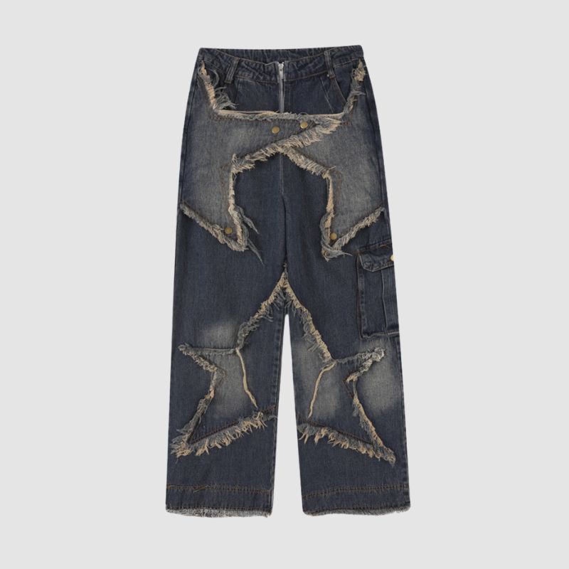 Style Core Aesthetics, New Style Trends Star Pattern Frayed Patchwork Jeans