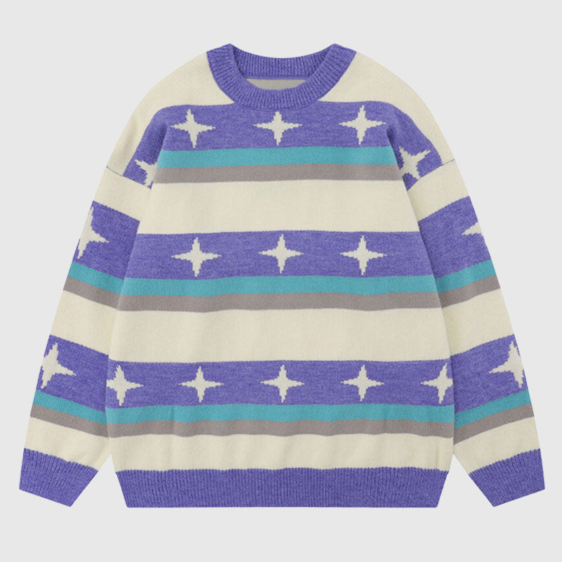 Style Core Aesthetics, New Style Trends Star Pattern Stripe Patchwork Pullover