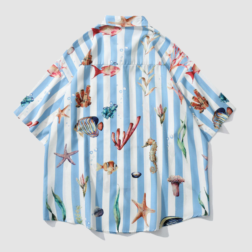 Style Core Aesthetics, New Style Trends Striped Fish Print Summer Shirt