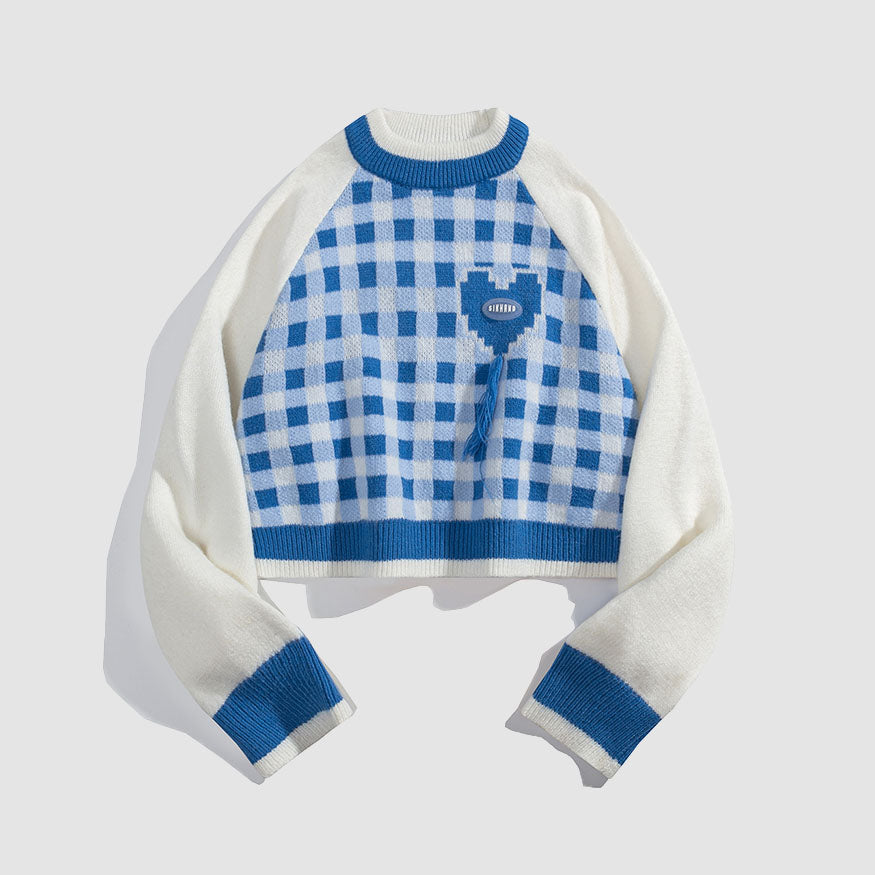 Style Core Aesthetics, New Style Trends Tassel Check Pattern Patchwork Cropped Sweater