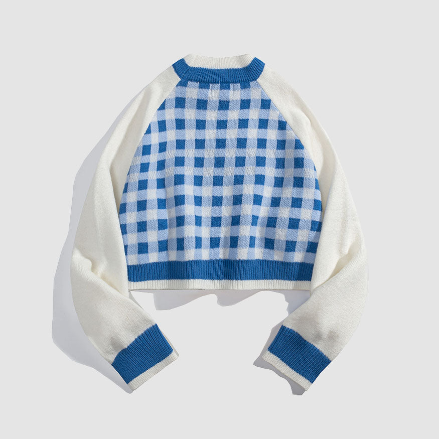 Style Core Aesthetics, New Style Trends Tassel Check Pattern Patchwork Cropped Sweater