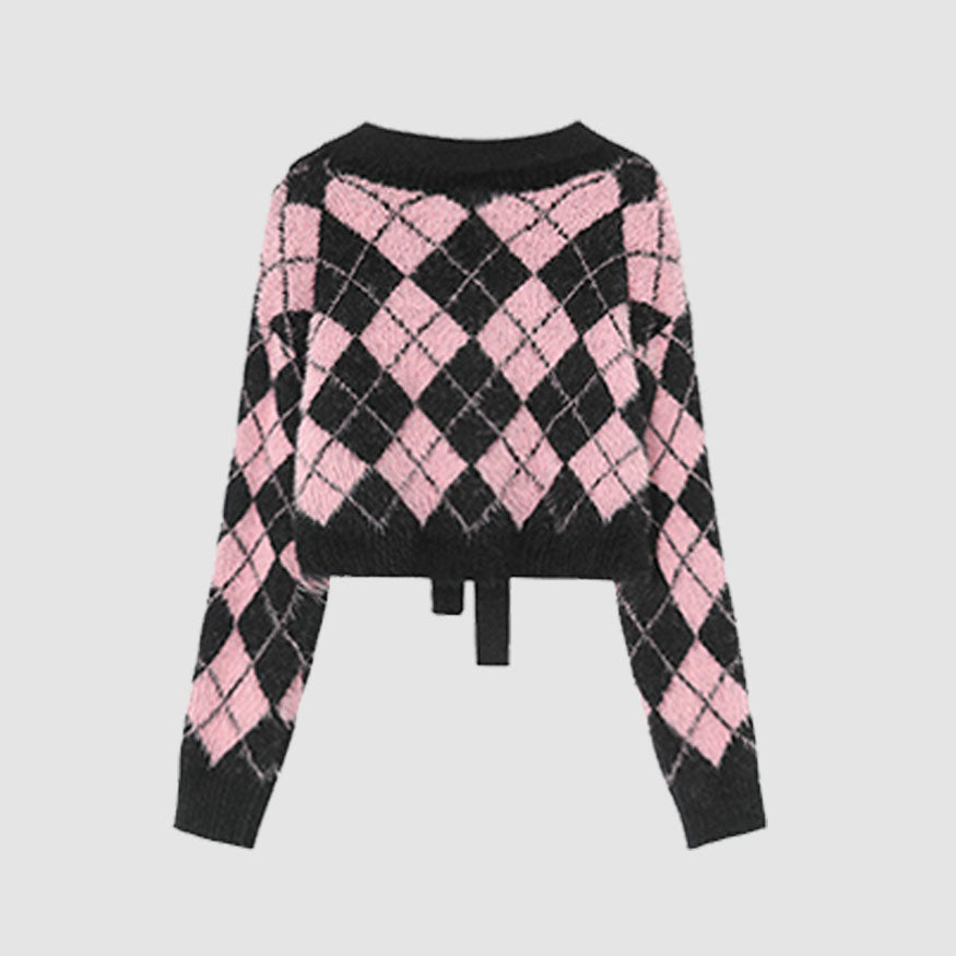 Style Core Aesthetics, New Style Trends Tie + Argyle Pattern Cropped Sweater