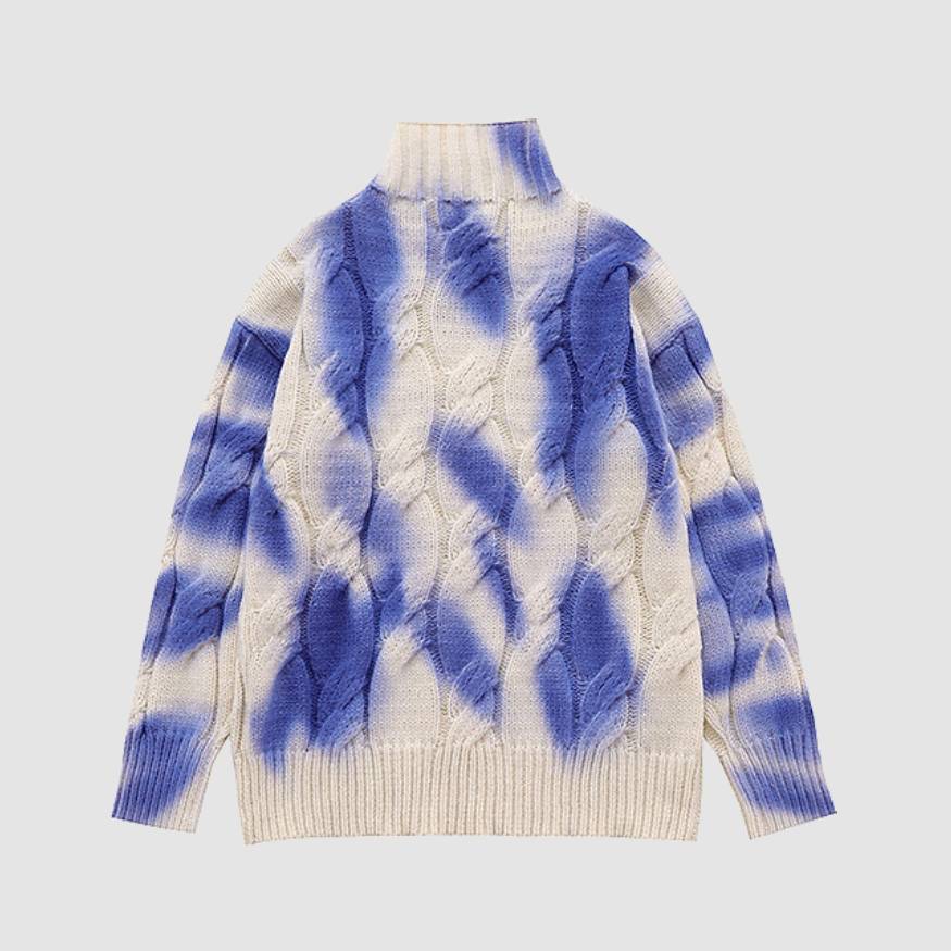 Style Core Aesthetics, New Style Trends Turtleneck Tie-Dye Print Cable Knit Sweater