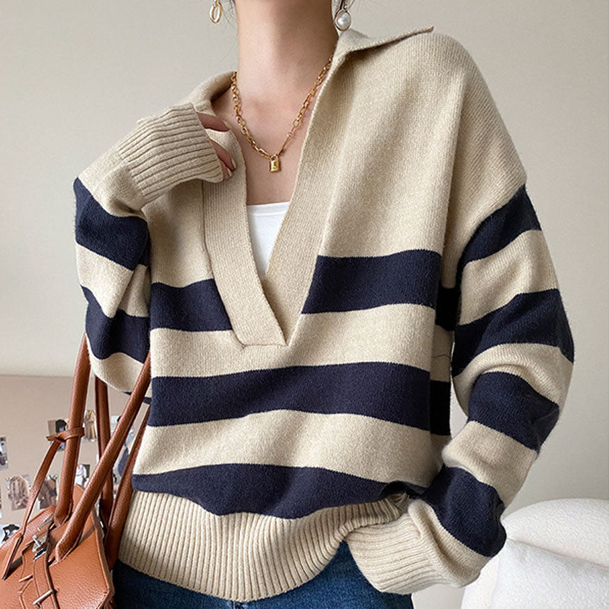 Style Core Aesthetics, New Style Trends V Neck Collared Striped Sweater