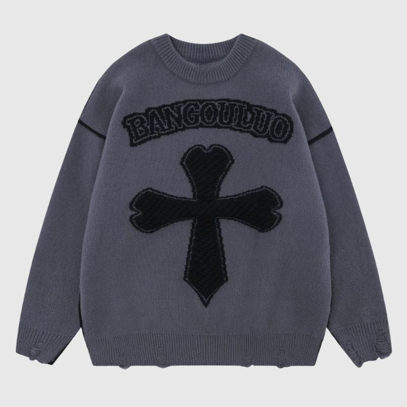 Style Core Aesthetics, New Style Trends Vintage Cross Pattern Embroidered Sweater