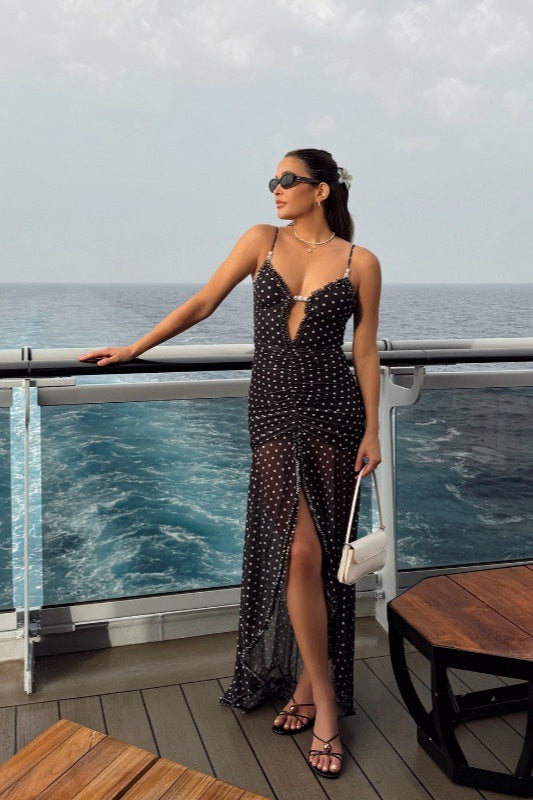 Summer po, Polka Dot Ruched Lace Mesh Cami Maxi Dress