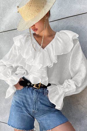 Concert Outfits, Drop Shoulder Ruffled Cotton Blo