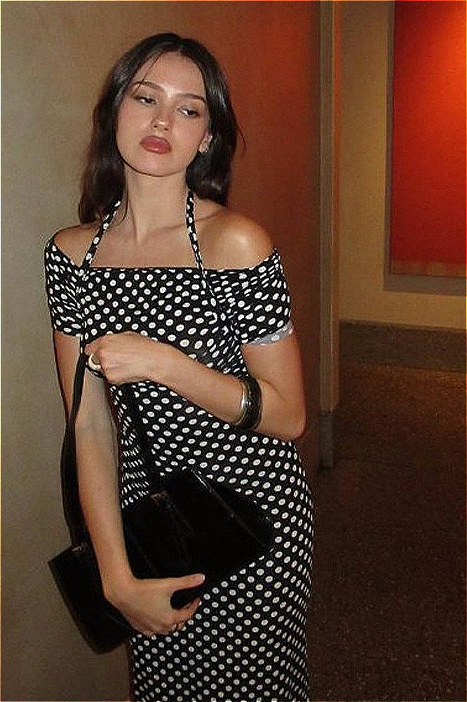 Winter to Summer Outfit po, Polka Dot Halter Neck Bodycon Maxi Dress