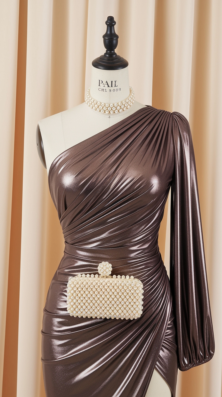 Making a Statement with a Metallic One Shoulder Dress outfit idea