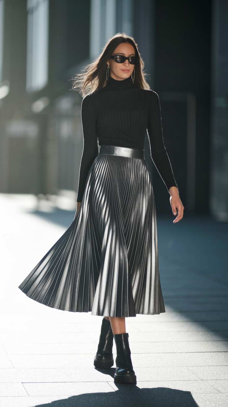 Versatile Metallic Pleated Skirt Outfits for Every Season outfit idea