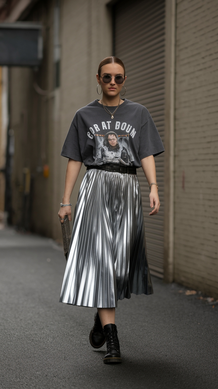 How to Pair a Metallic Skirt with Graphic Tee outfit idea