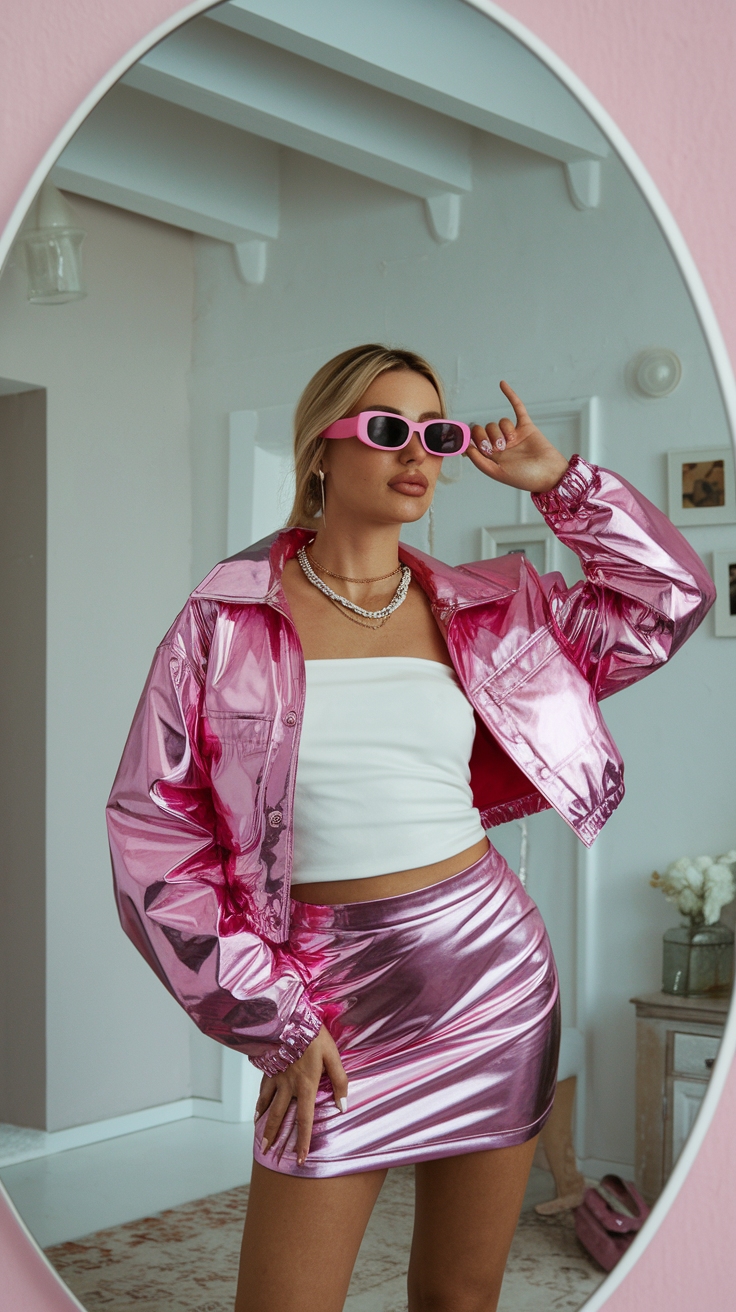 Pink Metallic Jacket Outfit to Turn Heads outfit idea