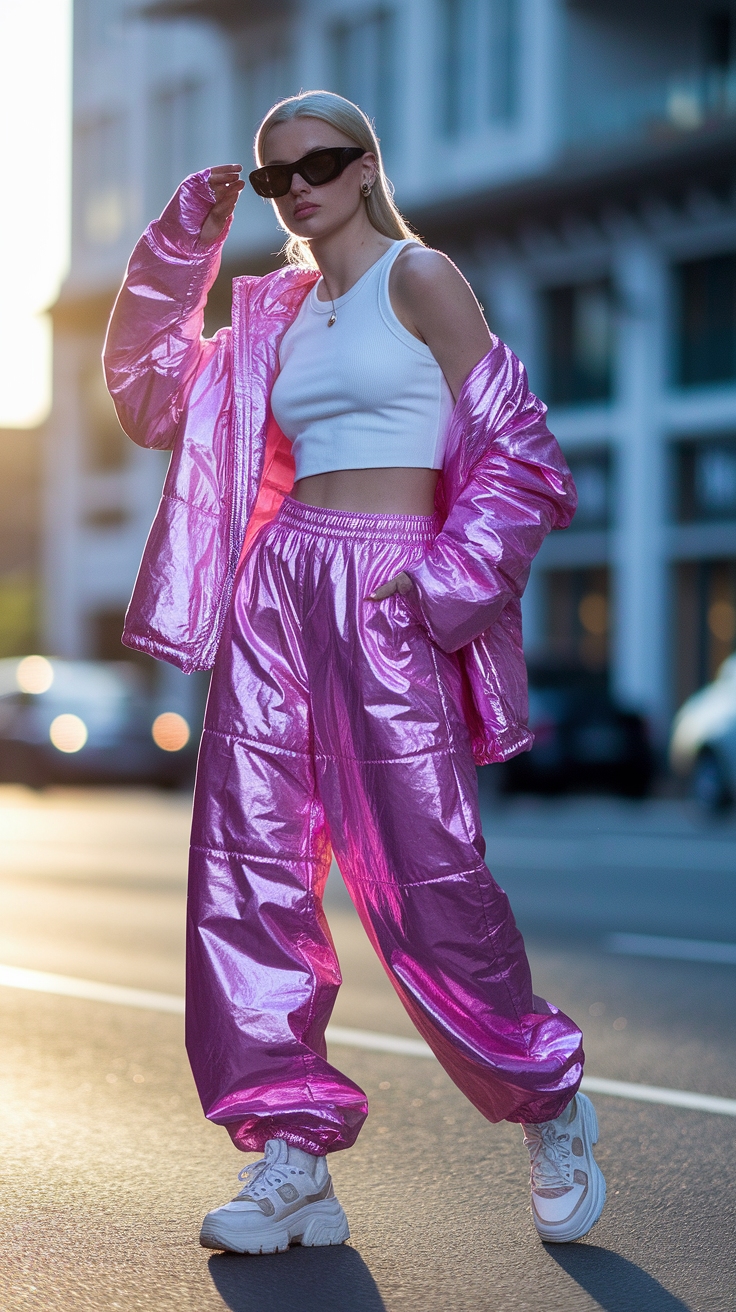 How to Style Pink Metallic Pants Effortlessly outfit idea