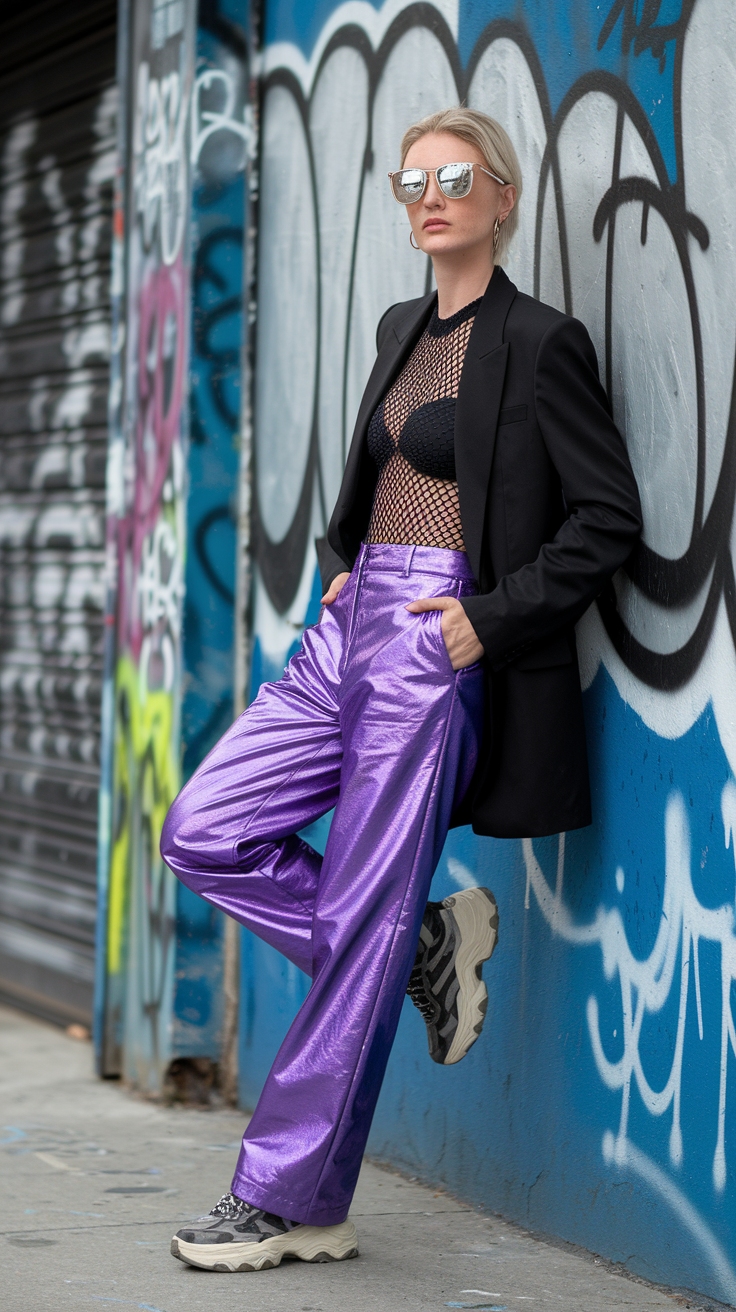 Styling Purple Metallic Pants for a Chic Look outfit idea