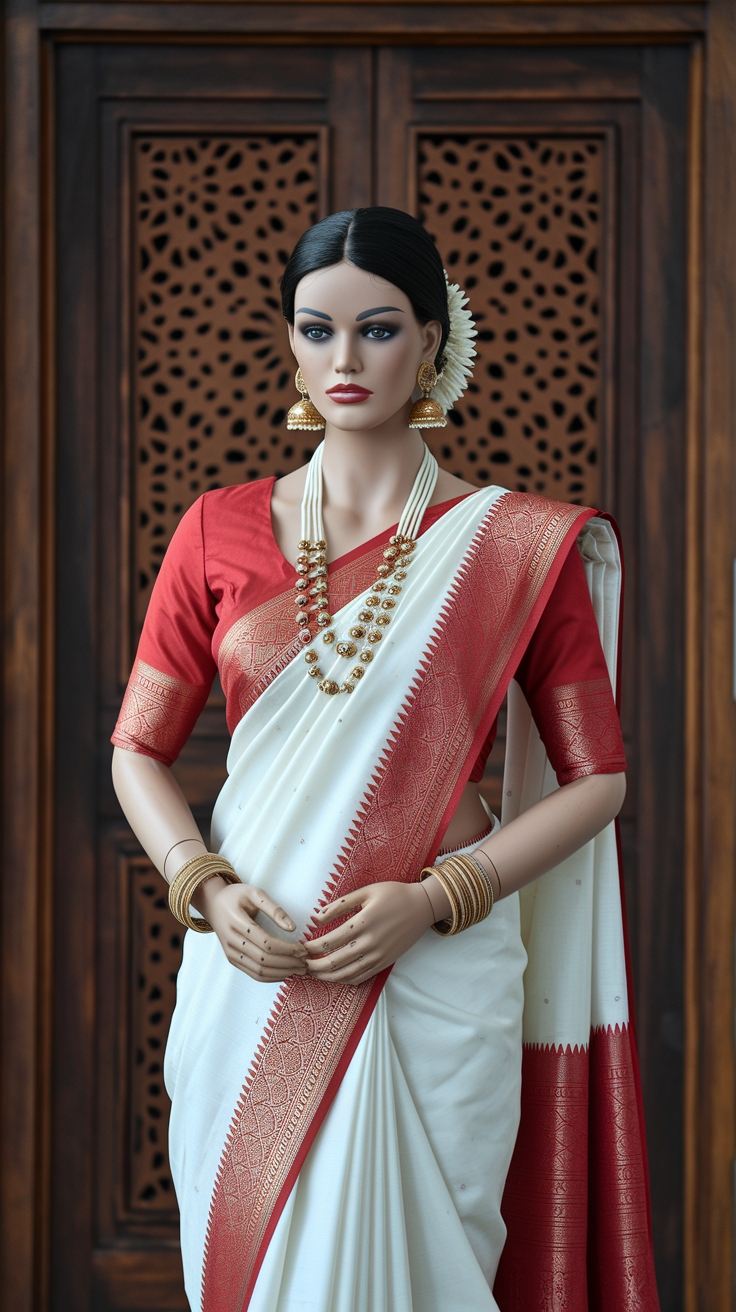 Pairing a Red Blouse with Kerala Saree for Traditional Style outfit idea