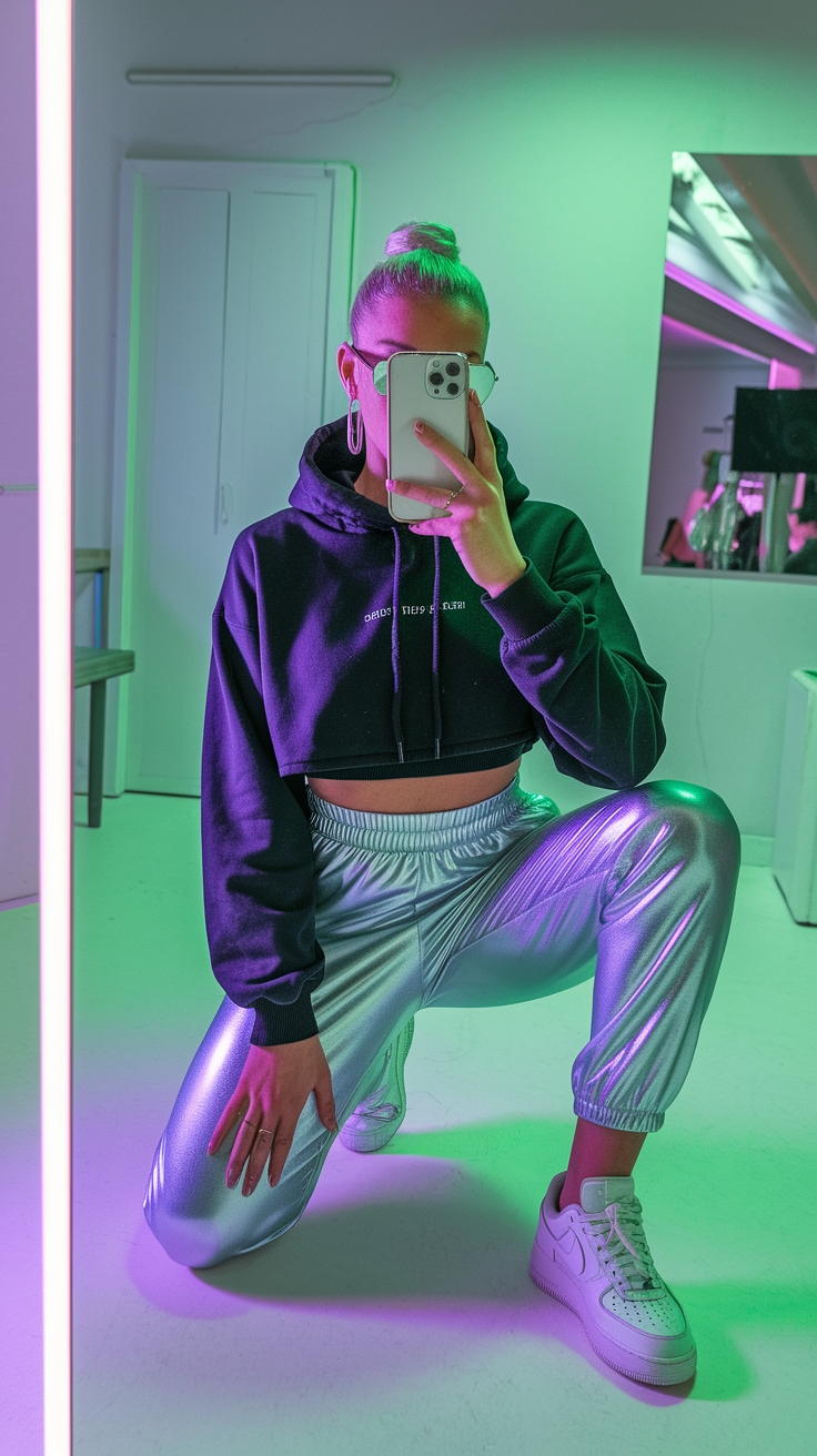 Elevate Your Style with Silver Metallic Joggers Outfit outfit idea