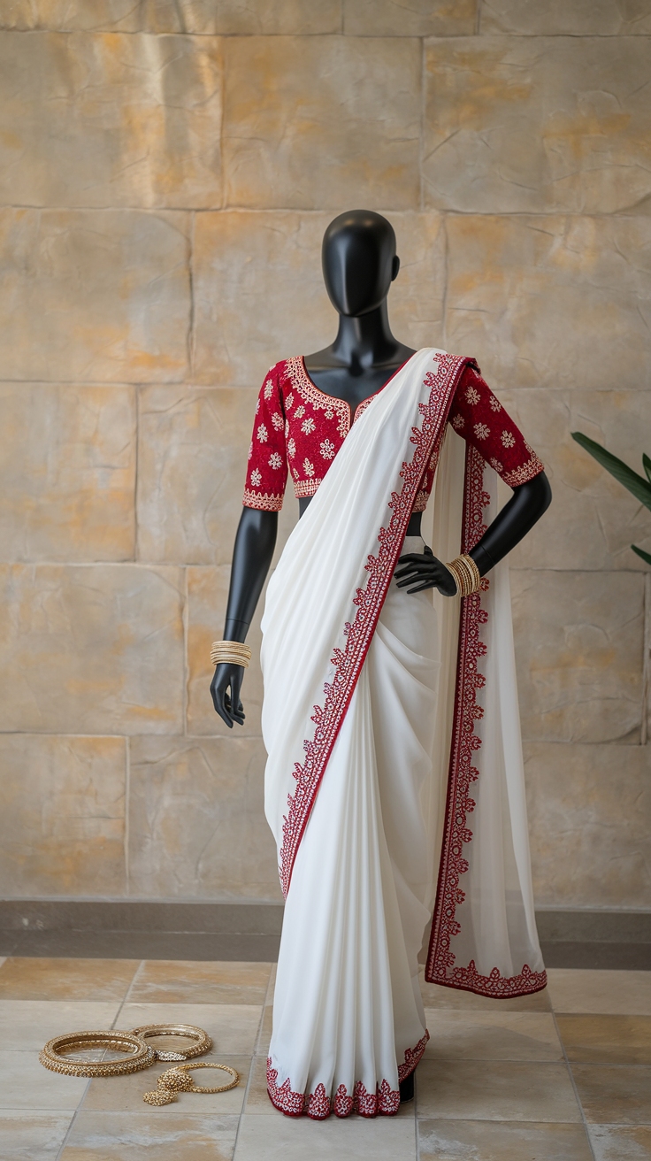 White Saree with Red Blouse: A Fusion of Tradition and Style outfit idea