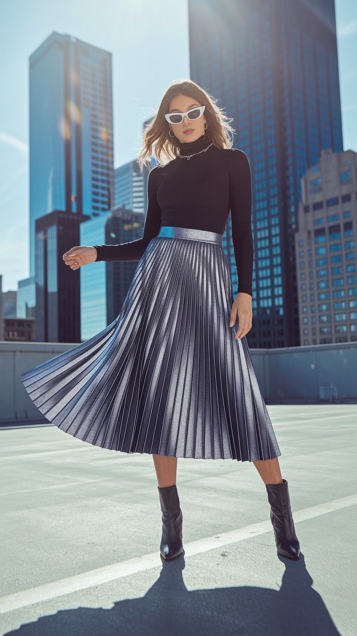The Versatility of a Metallic Pleated Skirt outfit idea