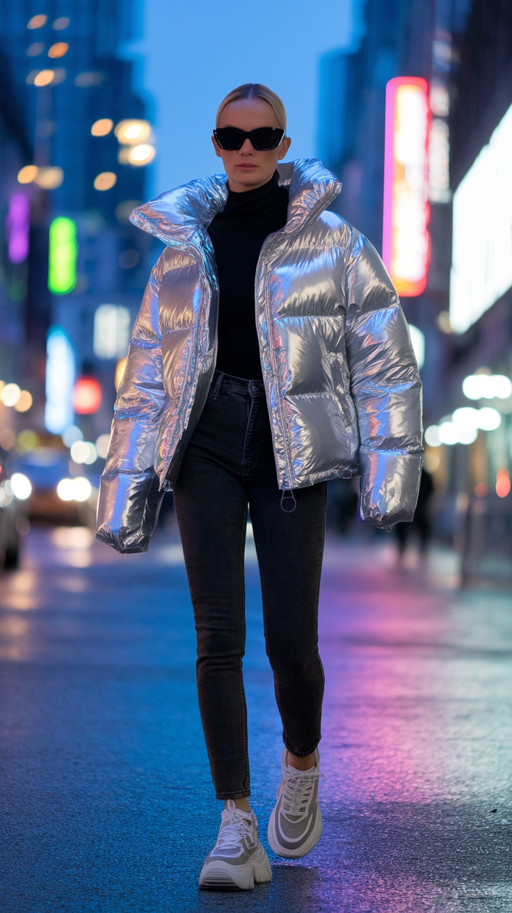 Stay Warm in Style: Metallic Puffer Jacket Trends outfit idea