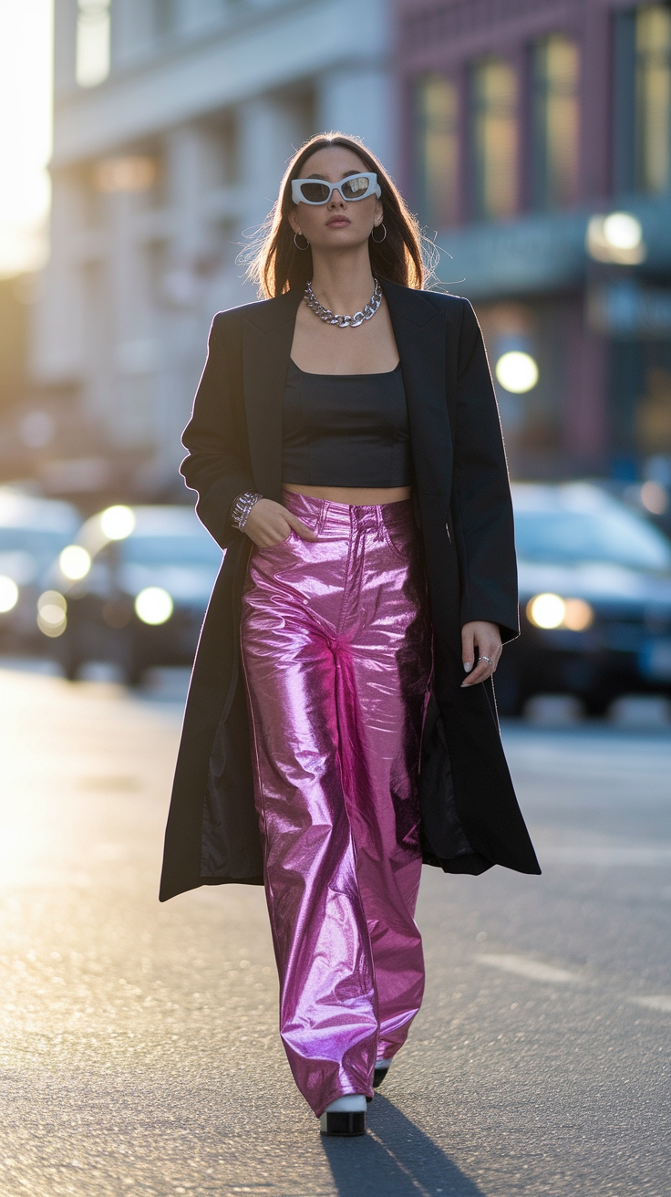 Chic Pink Metallic Pants Outfit Ideas outfit idea