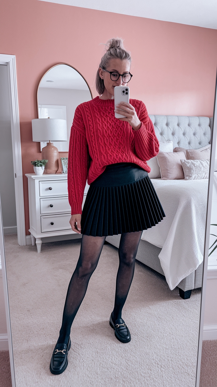 Red Sweater Black Skirt Outfit for a Bold Look outfit idea