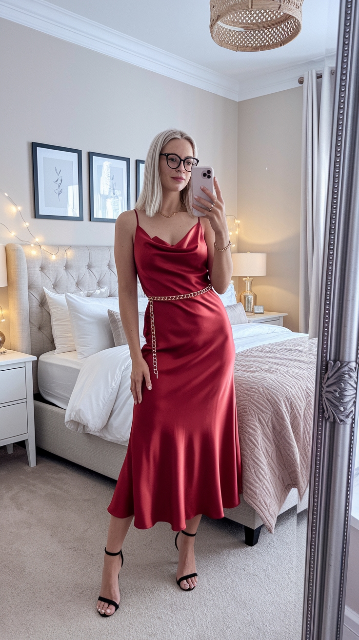 Glamorous Satin Red Dress Outfit for Special Celebrations outfit idea